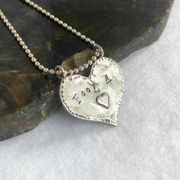Sterling Silver 925 Hammered Heart Stamped “Fool 4 ♥︎” Love Pendant Necklace 18" - Picture 5 of 16